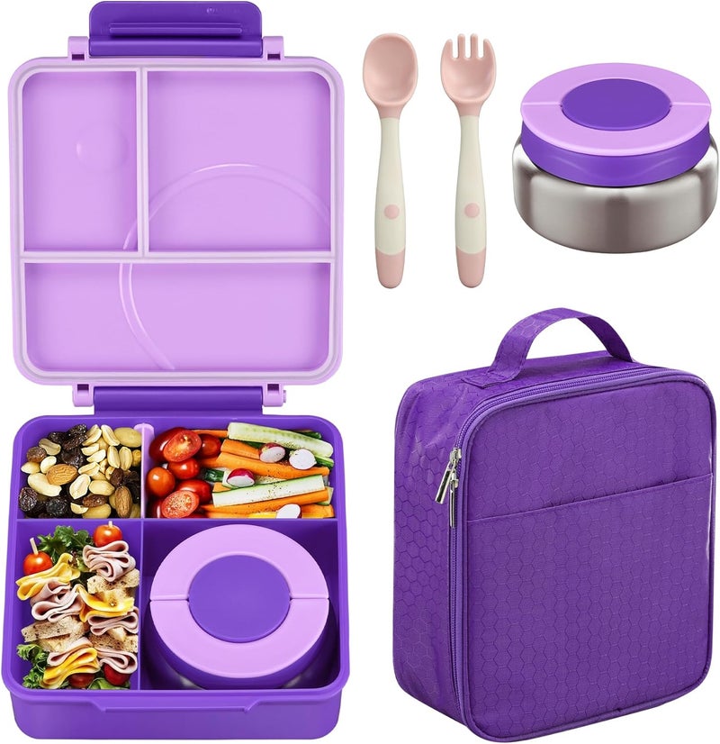 Howeemo Bento Lunch Box Set for Kids with 8oz Soup Thermo, Leak-Proof Lunch Containers with 4 Compartment, Kids Thermo Hot Food Jar and Insulated Lunch Bag for Kid to School-Purple - Image 1